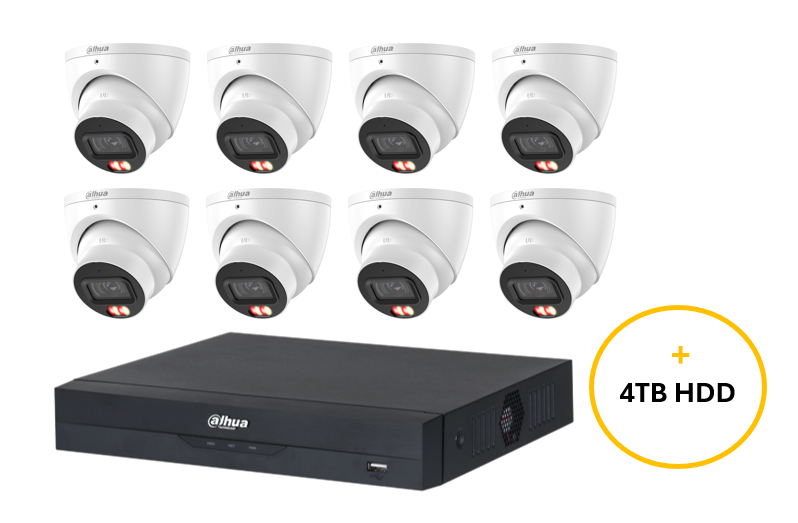 DAHUA WIZSENSE CCTV KIT INC 8x 8MP WHT WIZSENSE TURRET CAM 2.8MM (DHU7531) 8CH BLK NVR (DHU7278) NON EXP HDD W/ 4TB HDD LOADED