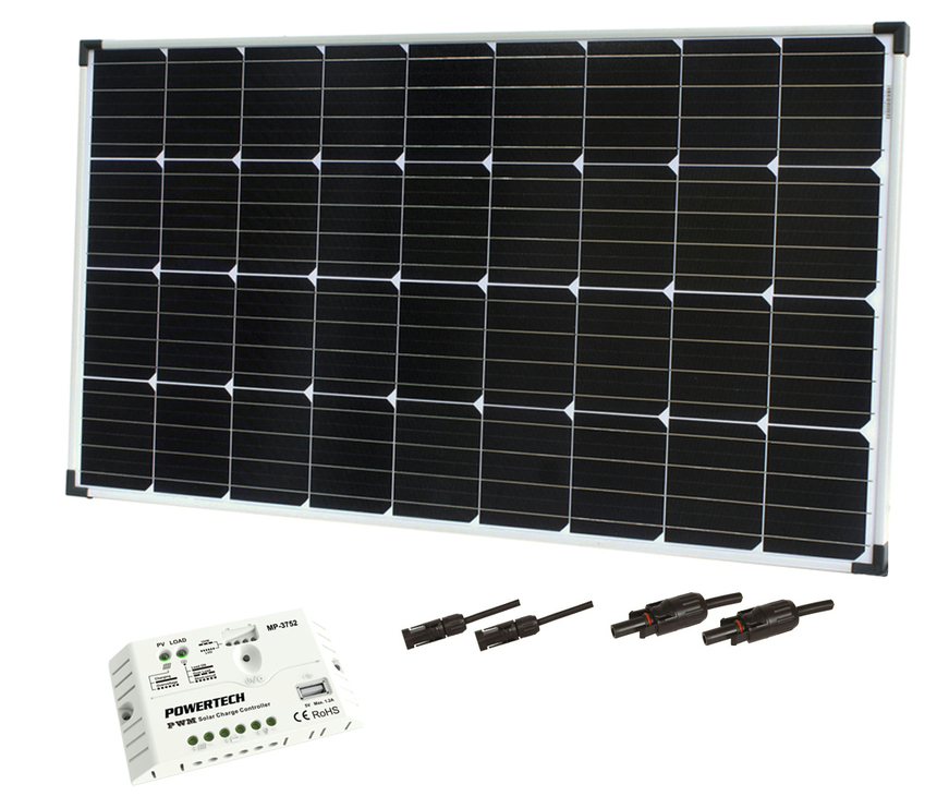 170W SOLAR PACKAGE INCLUDES 1X 170W MONOCRYSTALLINE SOLAR PANEL - 1X 20A PWM SOLAR CHARGE CONTROLLER (ECTMP3752) - 1X PV NEGATIVE BLACK CONNECTOR (ECTWH3123) - 1X PV POSITIVE RED CONNECTOR (ECTWH3124)