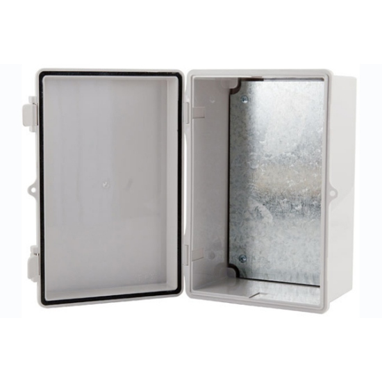 ELSEMA PLASTIC ENCLOSURE GRY WITH PLASTIC LATCH & HINGE & METAL PLATE IP66 WITH 2 x MOUNTING BRACKETS