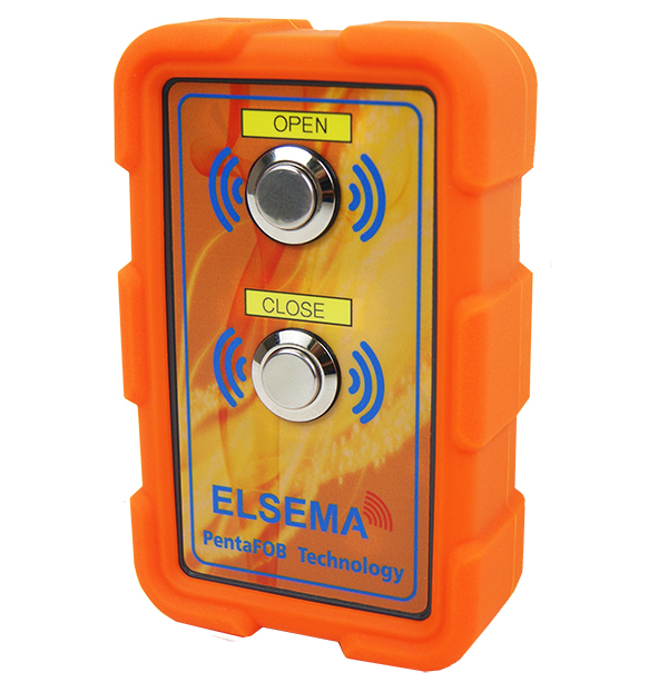 ELSEMA 433MHz PENTAFOB HAND HELD 2 BUTTON WATERPROOF REMOTE WITH 5 FREQUENCIES 433.100 - 434.700MHz ORANGE WITH RAISED BUTTONS 2 x AA BATTERIES 125H x 75W x 35D (MM)
