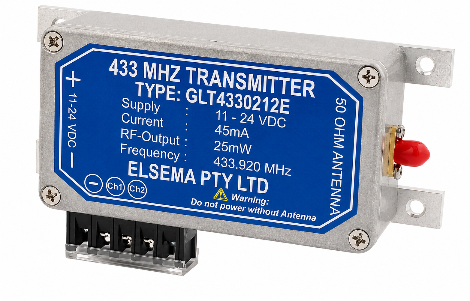 ELSEMA 8 CHANNEL 433MHz GIGALINK 25mW TRANSMITTER WITH ENCLOSURE 11-24VDC SILVER 60Hx140Wx34H (MM)
