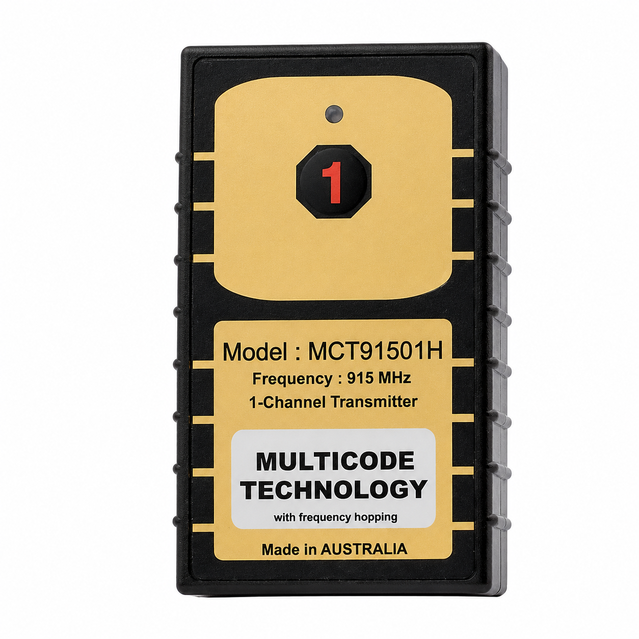 ELSEMA MCT SERIES 1 BUTTON REMOTE BLACK/GLOLD 400M FLASHING/SOLID RED LED INDICATORS PLASTIC 915-928 MHz 1x 9V BATTERY