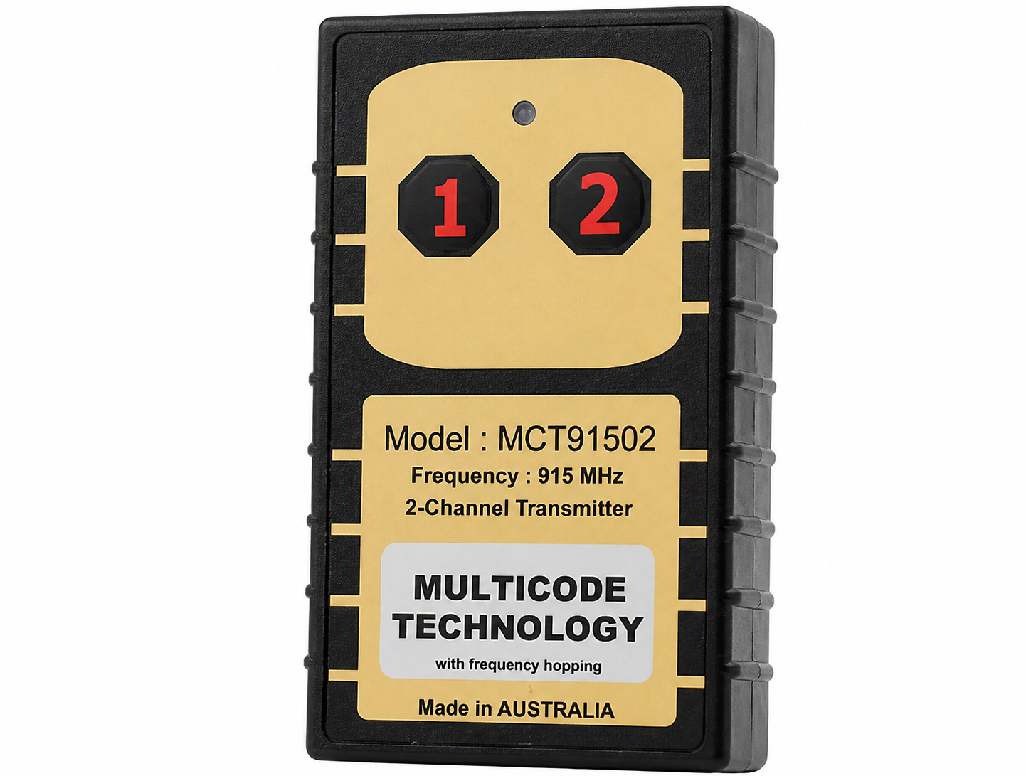 ELSEMA MCT SERIES 2 BUTTON REMOTE BLACK/GLOLD 400M FLASHING/SOLID RED LED INDICATORS PLASTIC 915-928 MHz 1x 9V BATTERY