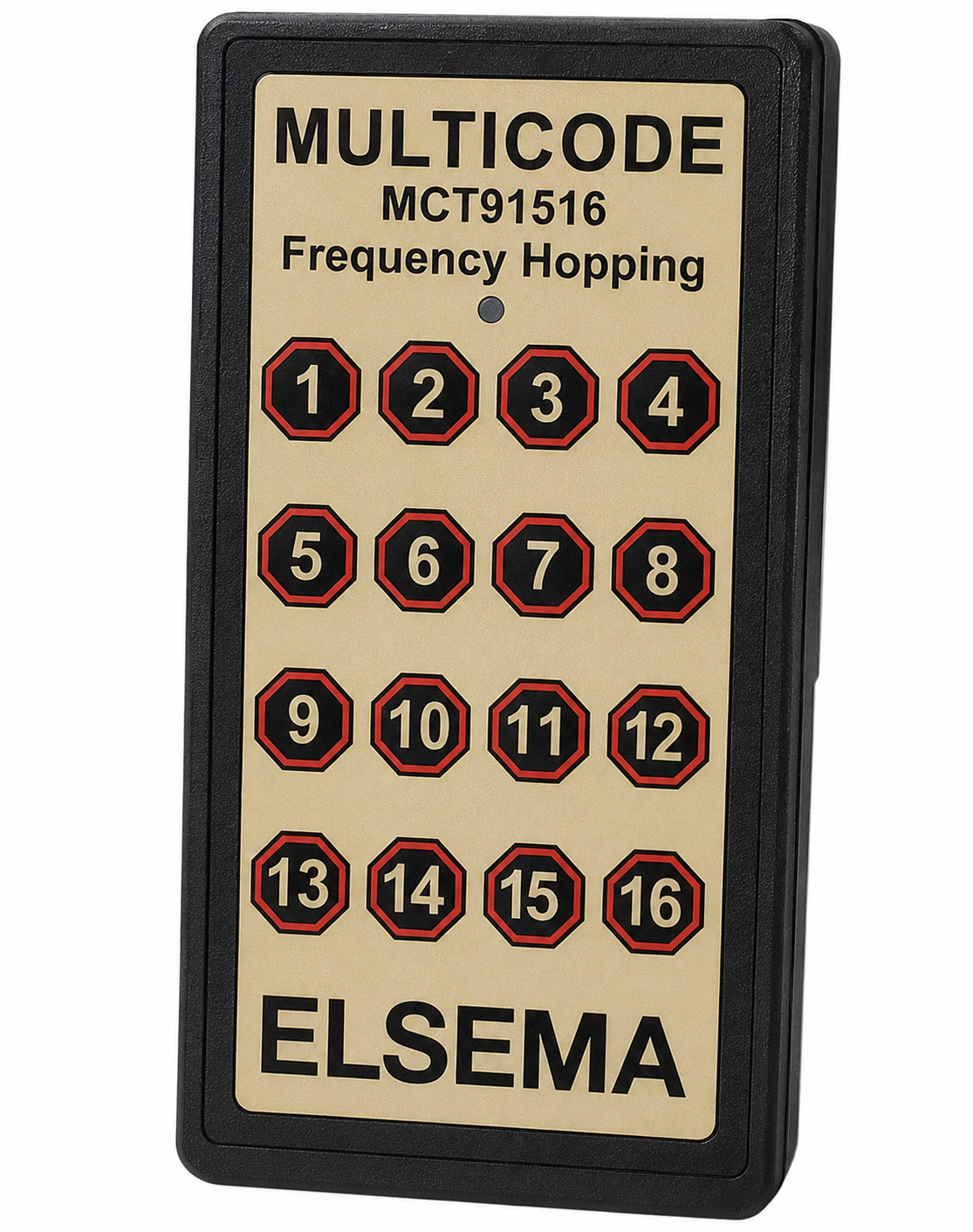 ELSEMA MCT SERIES 16 BUTTON REMOTE BLACK/GLOLD 150M FLASHING/SOLID RED LED INDICATORS PLASTIC 915-928 MHz 1x 9V BATTERY