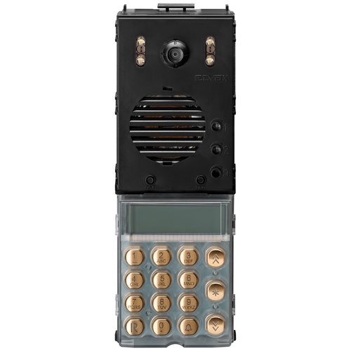 ELVOX DUE FILI+ 2-WIRE INTERCOM KEYPAD & AUDIO/VIDEO MODULE BLACK WITH GOLD APARTMENT/COMMERCIAL 2.5 INCH DISPLAY MECHANICAL BUTTON 480TVL PLAS WITH GOLD STAINLESS STEEL KEYS POWER BY BUS CONTROLLER
