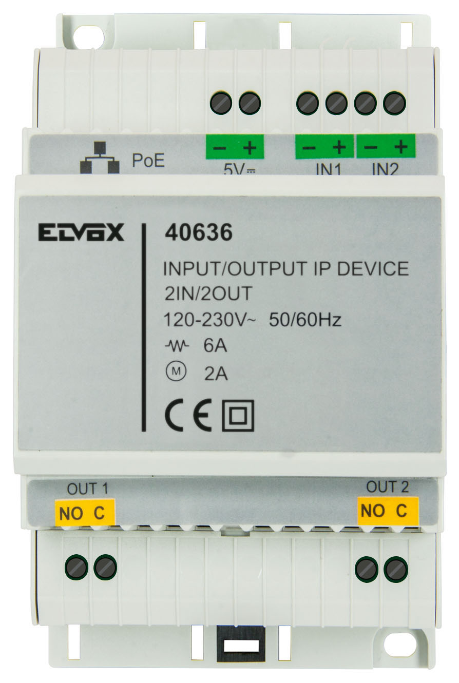 ELVOX 2-input/output device, IP standard, 2 6 A 230 V~ relay outputs, 2 inputs, PoE or 5 Vdc power supply, for DIN (60715 TH35) rail installation, occupies 4 17.5 mm modules
