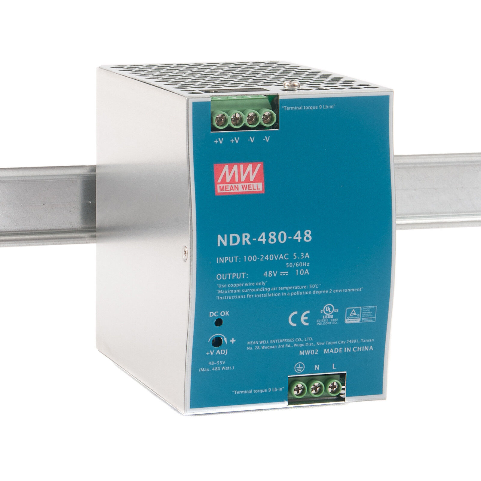 MEANWELL 48VDC 90-264VAC/ 127-370VDC POWER SUPPLY 10A TERMINAL CONNECTOR 2.4A 2x OUTPUT TERM STRIP OUTPUT DIN RAIL MOUNTED BLUE/SILVER
