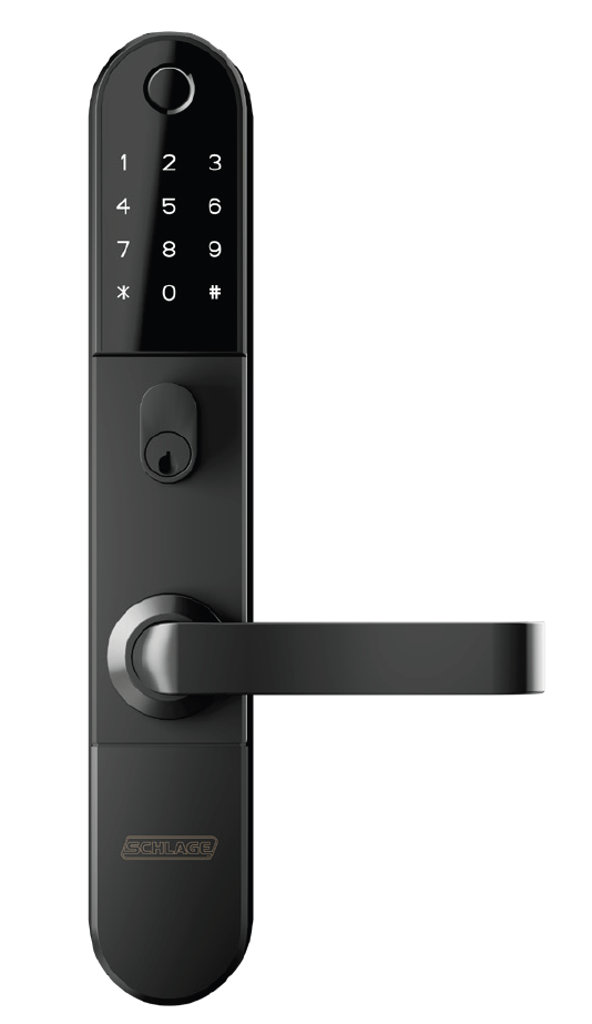 SCHLAGE OMNIA WITH FINGER PRINT/ KEYPAD (3x4)/ BLE MATTE BLACK WITH LED STAINLESS STEEL WITH CLUTCHING KEY OVERRIDE 4 x AAA BATTERIES 1 YEAR LIFE OUTER DOOR 313Hx53Wx28S INNER DOOR 310Hx53Wx3D *NO MORTICE LOCK