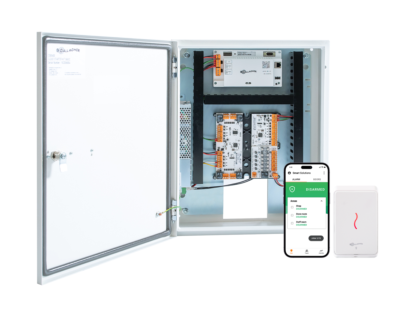 GALLAGHER SMB 1 DOOR KIT INCLUDES 1 x SMB 6000 CONTROLLER 1 x T11 WHITE READER 1 x HBUS INPUT MODULE 8 x INPUT 1 x SMB HBUS WITH 8 x INPUT 4 x OUTPUT 1 x FIRE RELAY & FUSE BOARD 1 x POWER SUPPLY 1 x MOUNTING PLATE 1 x TAMPER 1 x WIRING LOOM 2 x KEYS 32 x 4K7 RESISTORS