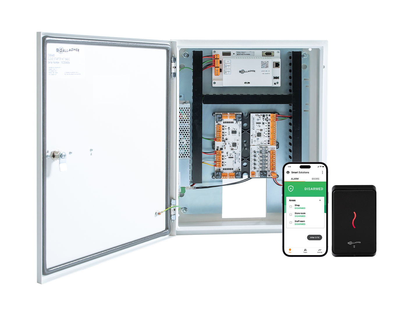 GALLAGHER SMB 1 DOOR KIT INCLUDES 1 x SMB 6000 CONTROLLER 1 x T11 BLACK READER 1 x HBUS INPUT MODULE 8 x INPUT 1 x SMB HBUS WITH 8 x INPUT 4 x OUTPUT 1 x FIRE RELAY & FUSE BOARD 1 x POWER SUPPLY 1 x MOUNTING PLATE 1 x TAMPER 1 x WIRING LOOM 2 x KEYS 32 x 4K7 RESISTORS