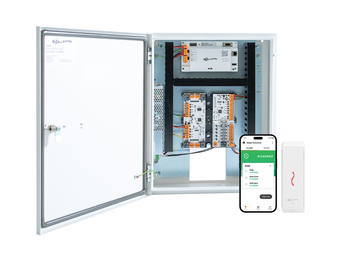 GALLAGHER SMB 1 DOOR KIT INCLUDES 1 x SMB 6000 CONTROLLER 1 x T15 WHITE READER 1 x HBUS INPUT MODULE 8 x INPUT 1 x SMB HBUS WITH 8 x INPUT 4 x OUTPUT 1 x FIRE RELAY & FUSE BOARD 1 x POWER SUPPLY 1 x MOUNTING PLATE 1 x TAMPER 1 x WIRING LOOM 2 x KEYS 32 x 4K7 RESISTORS