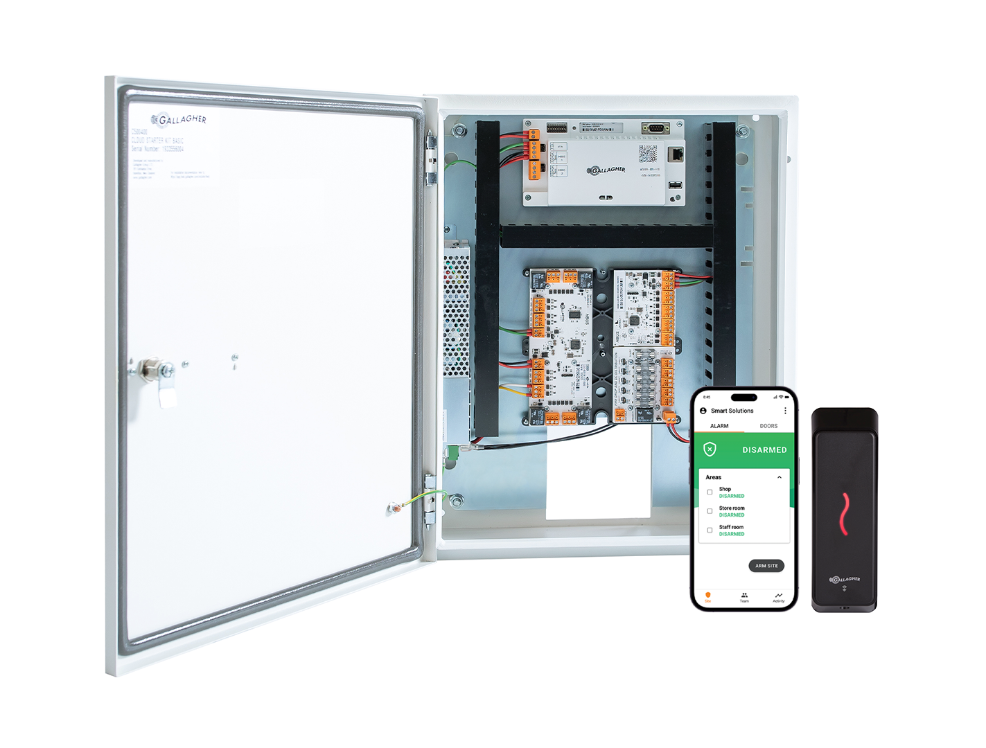 GALLAGHER SMB 1 DOOR KIT INCLUDES 1 x SMB 6000 CONTROLLER 1 x T15 BLACK READER 1 x HBUS INPUT MODULE 8 x INPUT 1 x SMB HBUS WITH 8 x INPUT 4 x OUTPUT 1 x FIRE RELAY & FUSE BOARD 1 x POWER SUPPLY 1 x MOUNTING PLATE 1 x TAMPER 1 x WIRING LOOM 2 x KEYS 32 x 4K7 RESISTORS