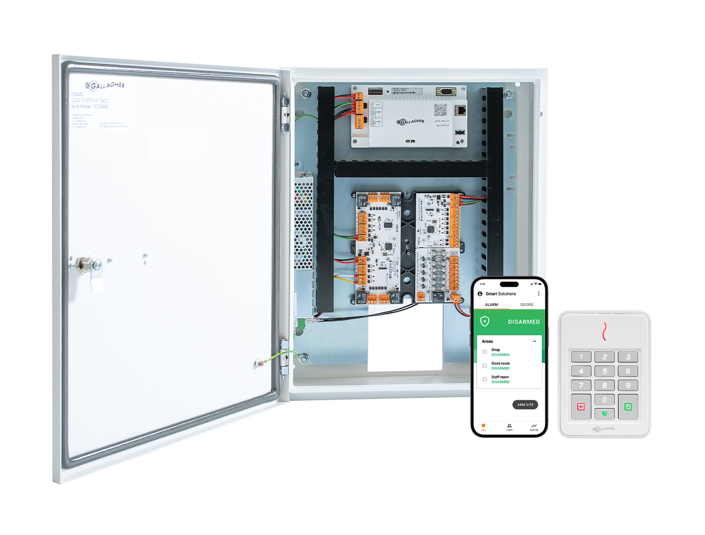 GALLAGHER SMB 1 DOOR KIT INCLUDES 1 x SMB 6000 CONTROLLER 1 x T30 KEYPAD WHITE READER 1 x HBUS INPUT MODULE 8 x INPUT 1 x SMB HBUS WITH 8 x INPUT 4 x OUTPUT 1 x FIRE RELAY & FUSE BOARD 1 x POWER SUPPLY 1 x MOUNTING PLATE 1 x TAMPER 1 x WIRING LOOM 2 x KEYS 32 x 4K7 RESISTORS