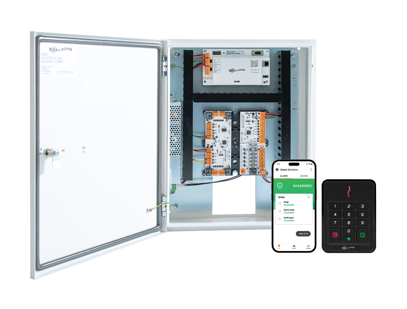 GALLAGHER SMB 1 DOOR KIT INCLUDES 1 x SMB 6000 CONTROLLER 1 x T30 KEYPAD BLACK READER 1 x HBUS INPUT MODULE 8 x INPUT 1 x SMB HBUS WITH 8 x INPUT 4 x OUTPUT 1 x FIRE RELAY & FUSE BOARD 1 x POWER SUPPLY 1 x MOUNTING PLATE 1 x TAMPER 1 x WIRING LOOM 2 x KEYS 32 x 4K7RESISTORS