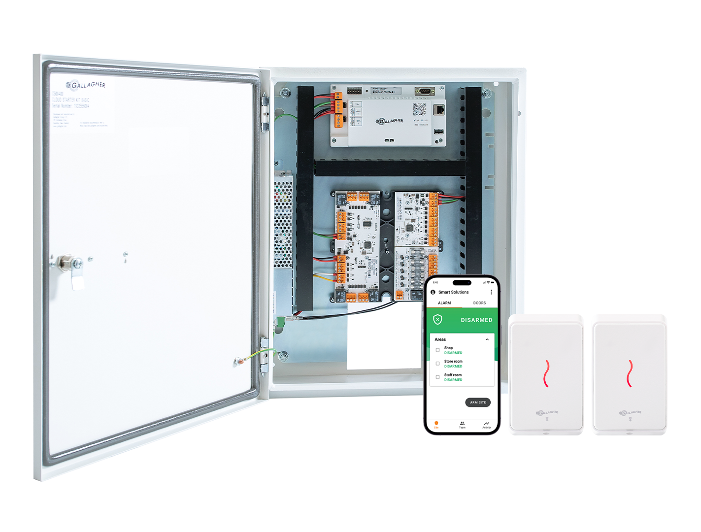 GALLAGHER SMB 2 DOOR KIT INCLUDES 1 x SMB 6000 CONTROLLER 2 x T11 WHITE READER 1 x HBUS INPUT MODULE 8 x INPUT 1 x SMB HBUS WITH 8 x INPUT 4 x OUTPUT 1 x FIRE RELAY & FUSE BOARD 1 x POWER SUPPLY 1 x MOUNTING PLATE 1 x TAMPER 1 x WIRING LOOM 2 x KEYS 32 x 4K7 RESISTORS