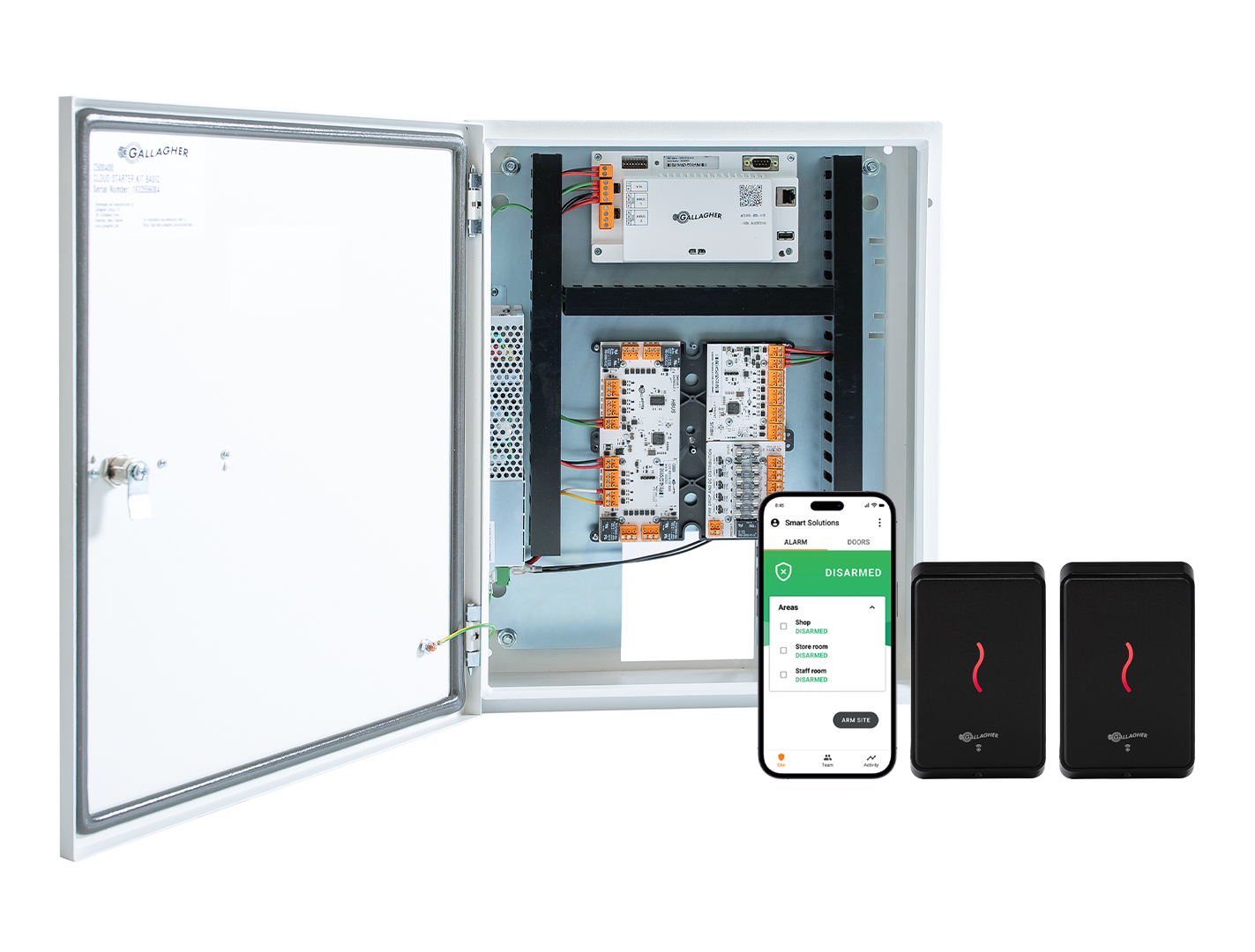 GALLAGHER SMB 2 DOOR KIT INCLUDES 1 x SMB 6000 CONTROLLER 2 x T11 BLACK READER 1 x HBUS INPUT MODULE 8 x INPUT 1 x SMB HBUS WITH 8 x INPUT 4 x OUTPUT 1 x FIRE RELAY & FUSE BOARD 1 x POWER SUPPLY 1 x MOUNTING PLATE 1 x TAMPER 1 x WIRING LOOM 2 x KEYS 32 x 4K7 RESISTORS