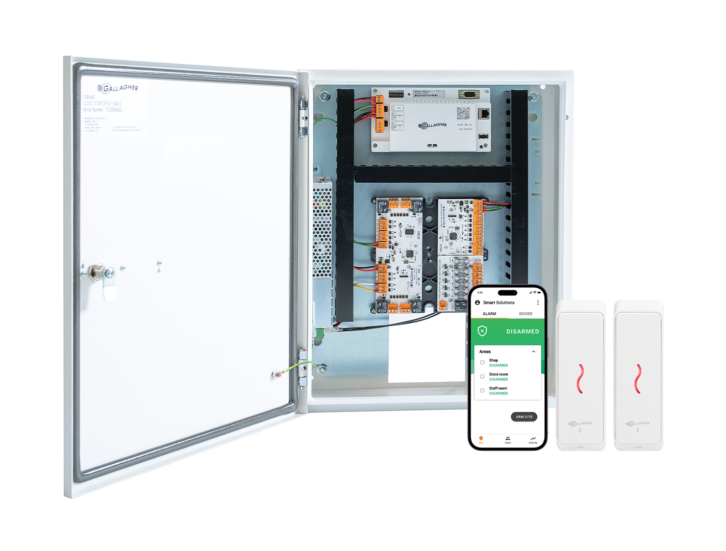 GALLAGHER SMB 2 DOOR KIT INCLUDES 1 x SMB 6000 CONTROLLER  2 x T15 WHITE READER 1 x HBUS INPUT MODULE 8 x INPUT 1 x SMB HBUS WITH 8 x INPUT 4 x OUTPUT 1 x FIRE RELAY & FUSE BOARD 1 x POWER SUPPLY 1 x MOUNTING PLATE 1 x TAMPER 1 x WIRING LOOM 2 x KEYS 32 x 4K7 RESISTORS