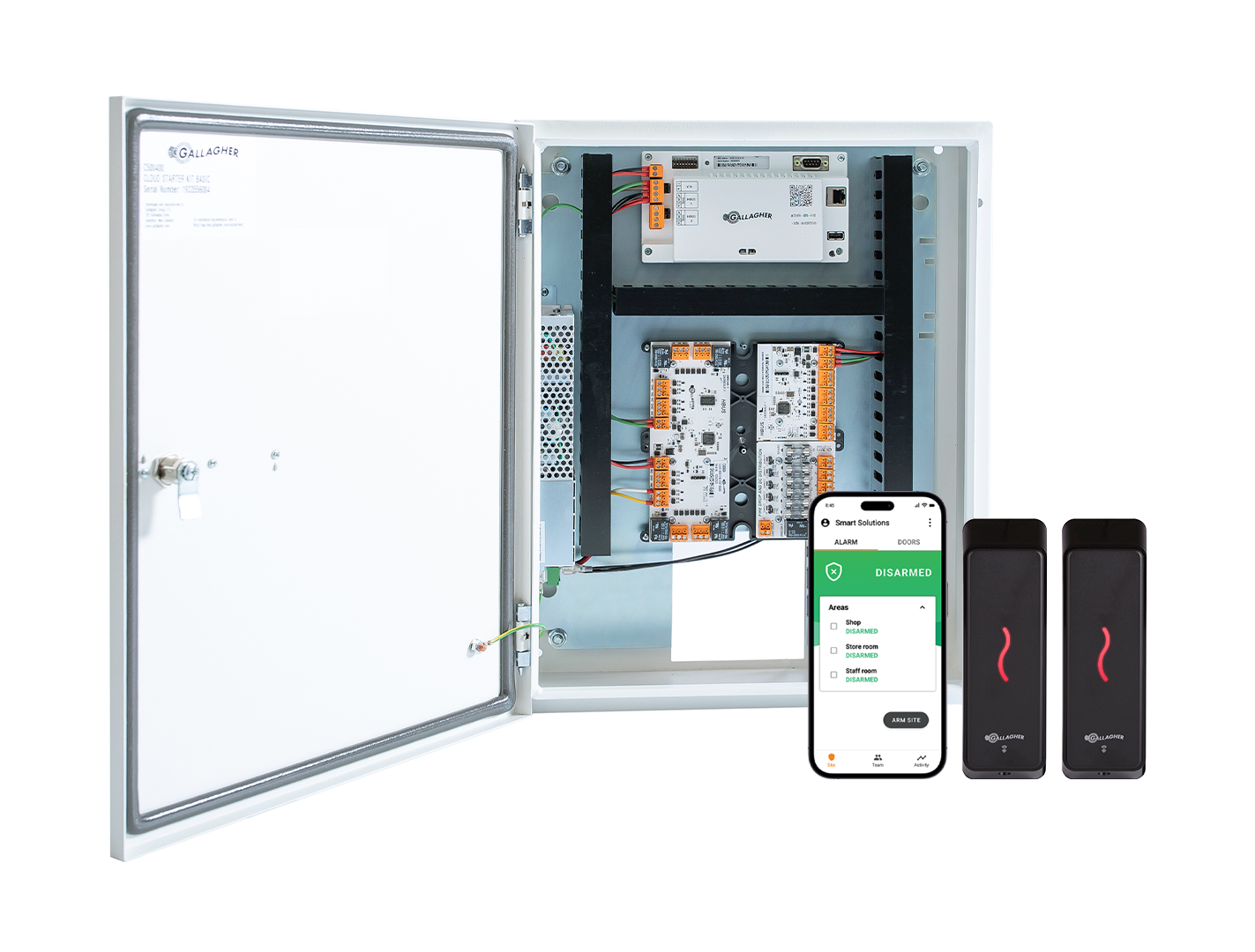 GALLAGHER SMB 2 DOOR KIT INCLUDES 1 x SMB 6000 CONTROLLER 2 x T15 BLACK READER 1 x HBUS INPUT MODULE 8 x INPUT 1 x SMB HBUS WITH 8 x INPUT 4 x OUTPUT 1 x FIRE RELAY & FUSE BOARD 1 x POWER SUPPLY 1 x MOUNTING PLATE 1 x TAMPER 1 x WIRING LOOM 2 x KEYS 32 x 4K7 RESISTORS