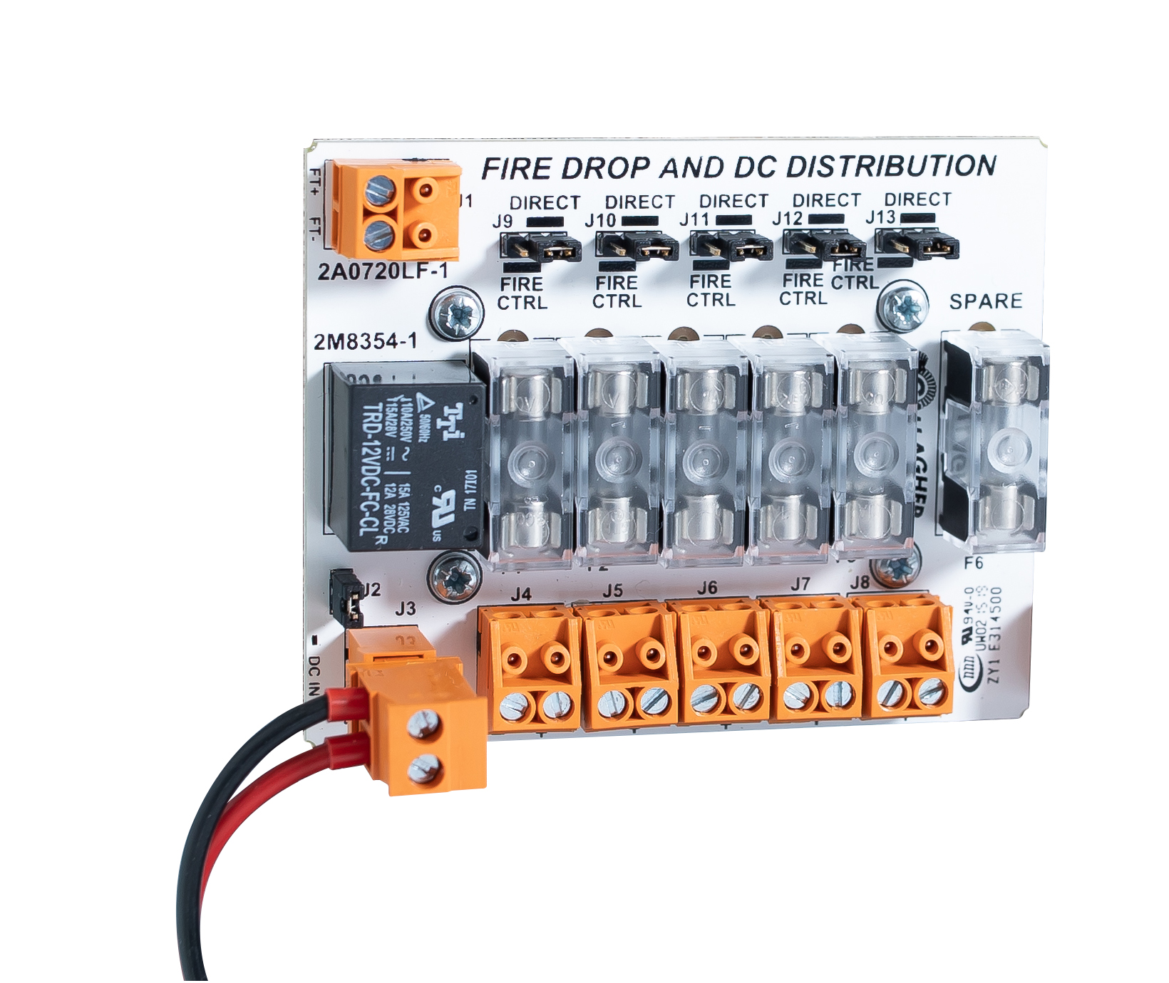 GALLAGHER SMB FIRE RELAY & FUSE BOARD 5 x 1A GLASS FUSE OUTPUT 1 x SPARE GLASS FUSE 1 x FIRE RELAY PCB