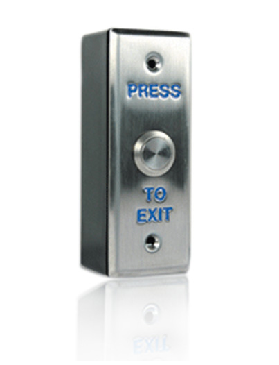 SILVER PRESS-TO-EXIT BUTTON RAISED ST/ST PLATE