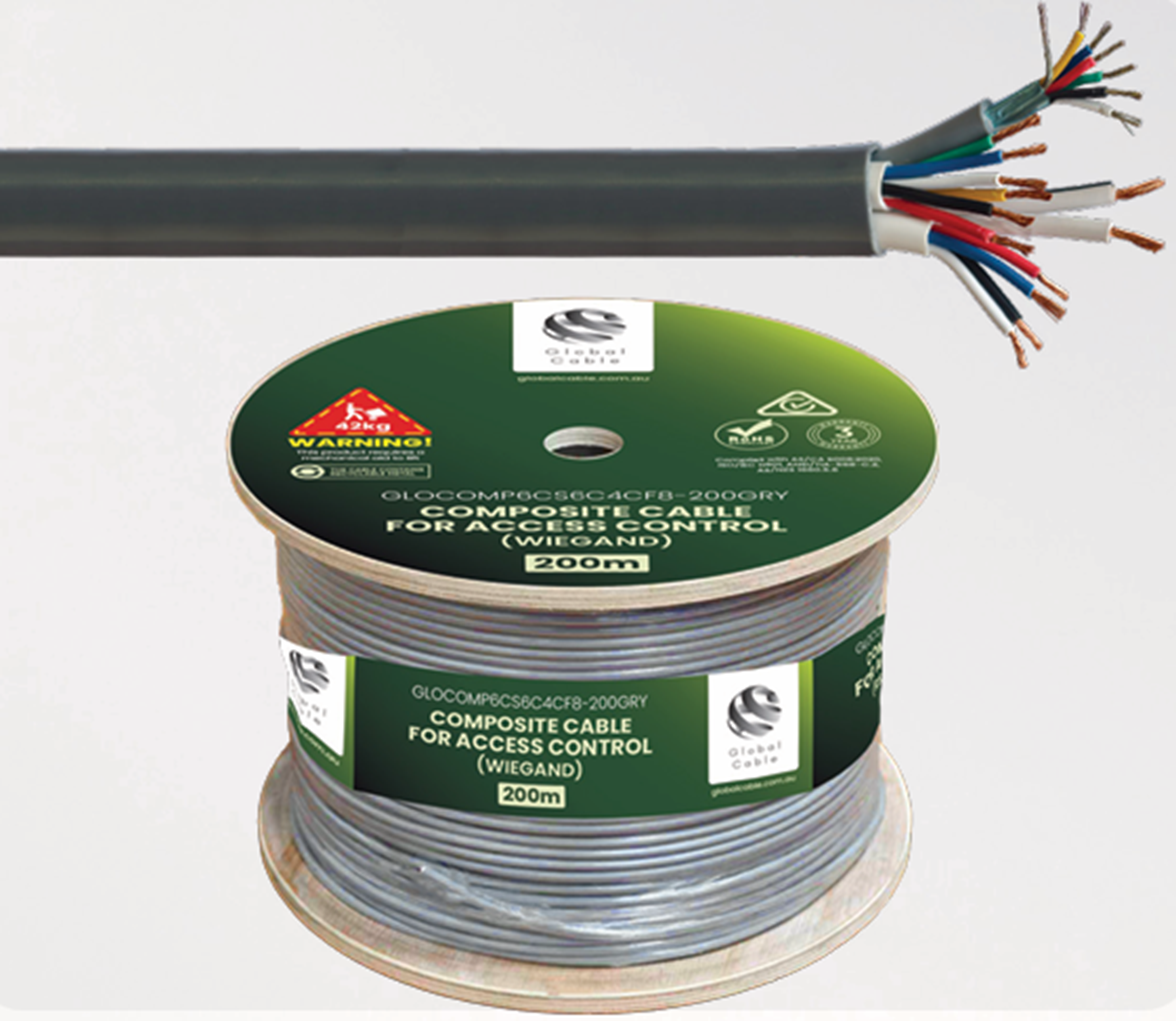 COMPOSITE CABLE FOR ACCESS CONTROL SYSTEMS WIEGAND READERS INCLUDE 1x DATA 6CORES 7/0.20 SHIELDED, 1x SECURITY 6CORES 14/0.20, 1x SECURITY 4CORES 14/0.20, 1x FIGURE8 24/0.20 ALL IN ONE PVC SHEATH 200M REEL GREY