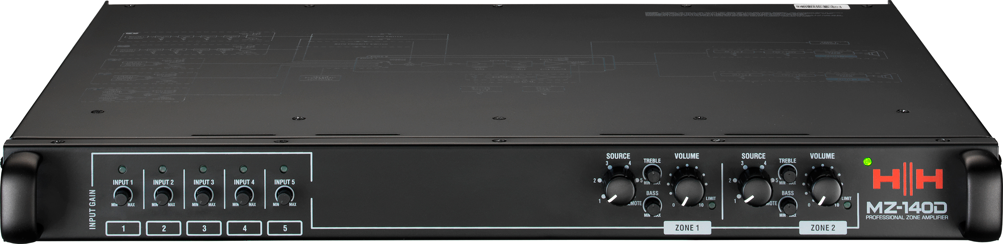 HH MZ-140D 2X140W POWER AMPLIFIER 70V/100V 4–16 OHM 2 ZONE 1U BLACK