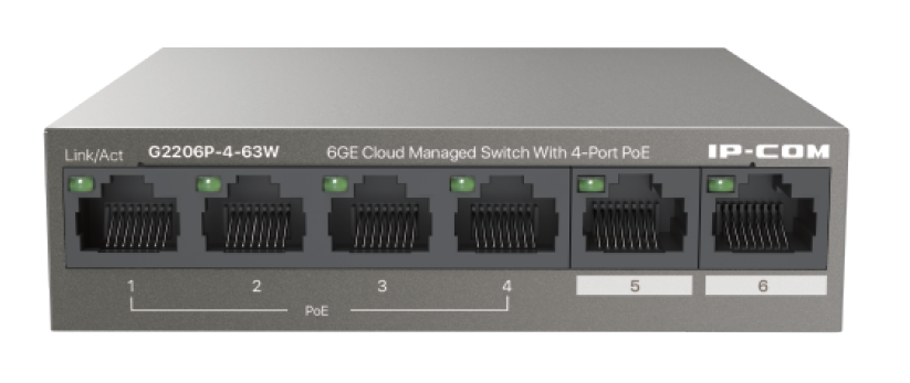 IP-COM 4PORT ( 6P) GIGABIT SWITCH 63W POE TOTAL CAPACITY 4x POE+ L2 CLOUD MANAGED BROWN 240VAC