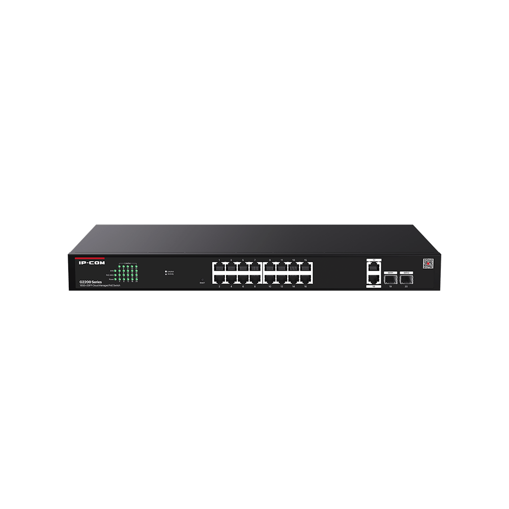 IP-COM 16PORT ( 20P) GIGABIT SWITCH 230W POE BUDGET 16x POE+ PLUS 2x 1G SFP/ FIBRE PORT 2x1G UPLINK COMBO L2 CLOUD MANAGED BLACK 240VAC