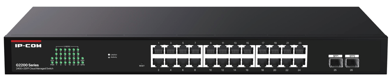 IP-COM 24PORT ( 26P) GIGABIT SWITCH NON-POE PLUS 2x 1G SFP/ FIBRE PORT L2 CLOUD MANAGED BLACK 240VAC