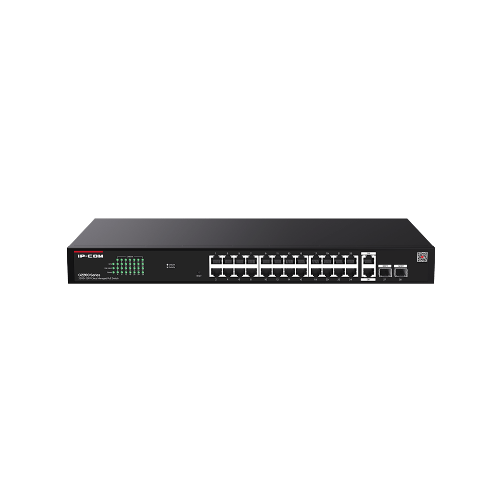 IP-COM 24PORT ( 28P) GIGABIT SWITCH 370W POE BUDGET 24x POE+ PLUS 2x 1G SFP/ FIBRE PORT 2x1G UPLINK COMBO L2 CLOUD MANAGED BLACK 240VAC