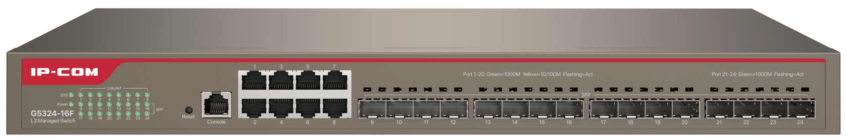 IP-COM 24PORT AGGREGATION SW NON-POE 16x SFP(1G) SFP/ FIBRE PORT 8x1G UPLINK L3 CLOUD MANAGED BROWN 240VAC