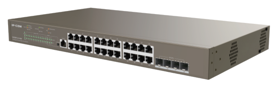 IP-COM 24PORT ( 28P) GIGABIT SWITCH 410W POE BUDGET 24x POE+ PLUS 4x 10G SFP/ FIBRE PORT L3 MANAGED BROWN 240VAC