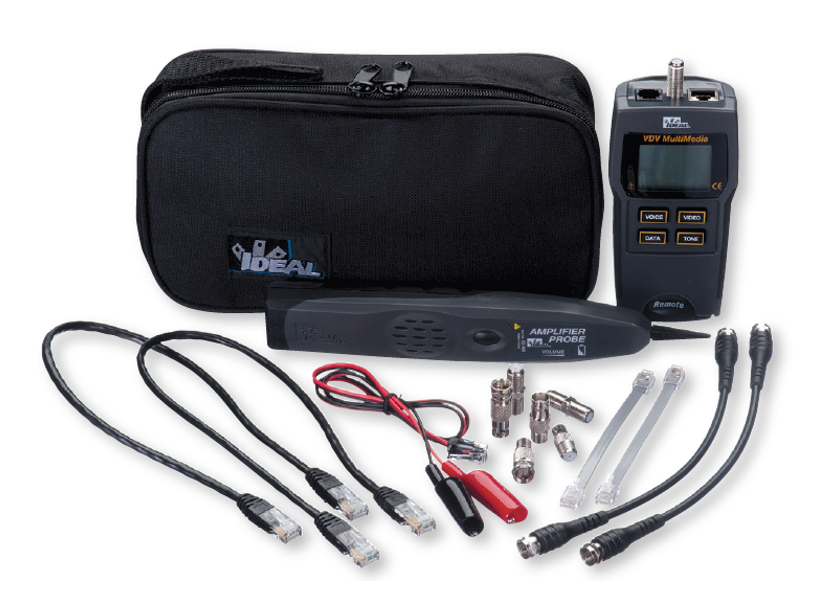 IDEAL TEST TONE TRACE VDV KIT INCLUDES VDV MULITMEDIA CABLE TESTER, PRO AMPLIFIER PROBE CARRY CASE VARIOUS CABLES & ADAPTERS 2x 9V BATTERY BLACK