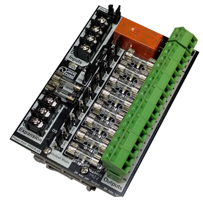 POWER PORT 8-WAY MODULE WITH GLASS FUSES & FIRE TRIP PCB DIN MOUNTED 12-24VDC 110Hx75Wx50D