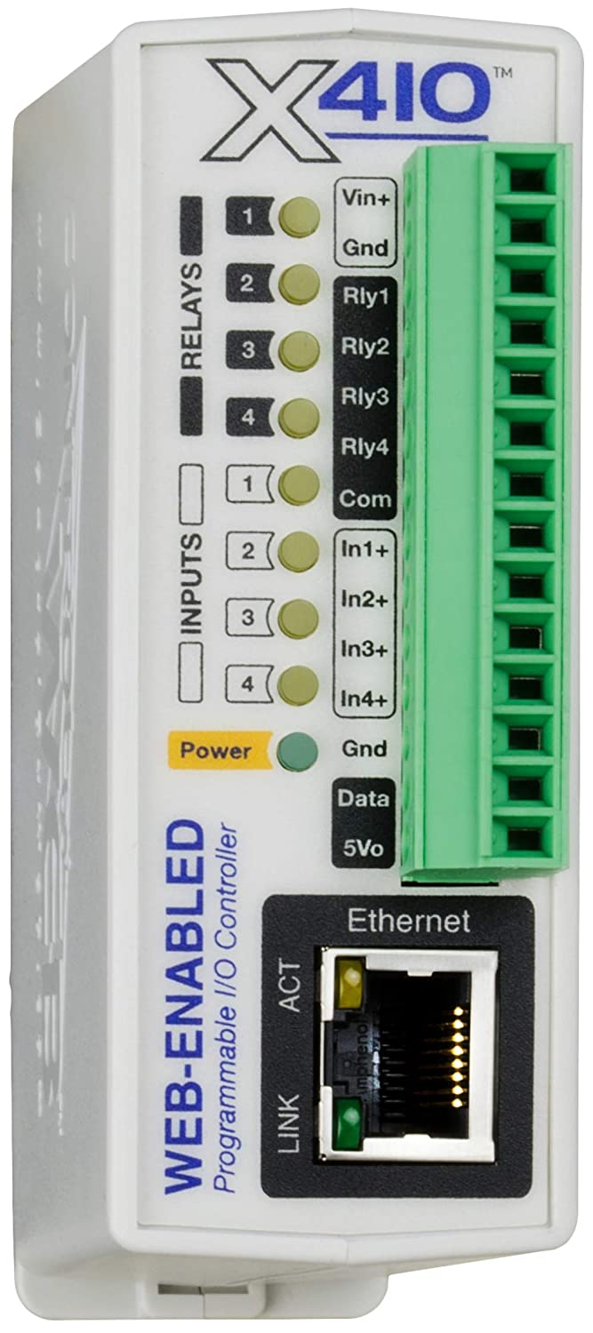 X-410 WEB ENABLED PROGRAMMABLE CONTROLLER 4X DIGITAL INPUT 4X RELAY OUTPUT UPTO 16X 1 WIRE BUS SENSORS UPTO 32X REMOTE DEVICE REMOTELY CONTROL UP TO 100 I/O, BUILT-IN SERVER, OP TEMP -40~65.5°C 9-28V DC 35.7Hx98.5Wx78D (MM)