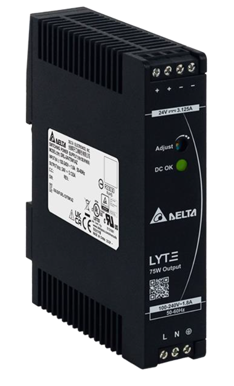 DELTAPOWER 12VDC 85-264VAC/ 120-375VDC POWER SUPPLY 6.25A TERMINAL CONNECTOR 0.9A 2x OUTPUT TERM STRIP OUTPUT DIN RAIL MOUNTED BLACK/SILVER