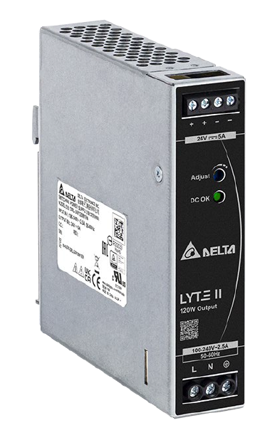 DELTA 24VDC 90-264VAC POWER SUPPLY 10A TERMINAL CONNECTOR 1.3A 2x OUTPUT TERM STRIP OUTPUT DIN RAIL MOUNTED BLACK/SILVER