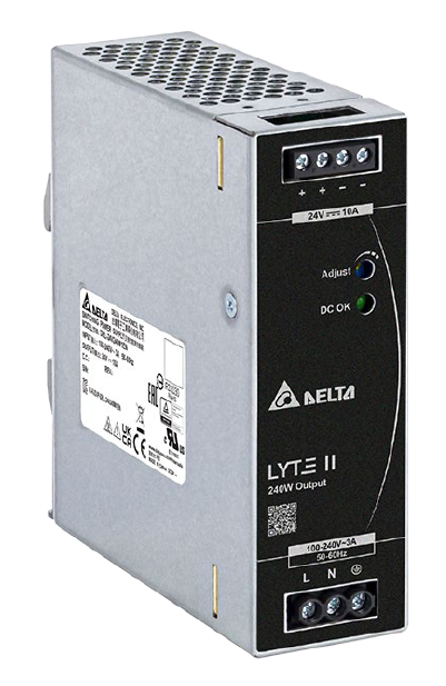 DELTA 24VDC 90-264VAC POWER SUPPLY 10A TERMINAL CONNECTOR 1.3A 2x OUTPUT TERM STRIP OUTPUT DIN RAIL MOUNTED BLACK/SILVER