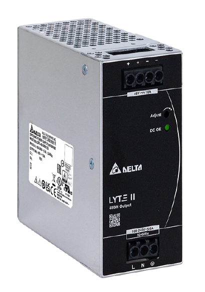 DELTA 24VDC 90-264VAC POWER SUPPLY 20A TERMINAL CONNECTOR 2.4A 2x OUTPUT TERM STRIP OUTPUT DIN RAIL MOUNTED BLACK/SILVER