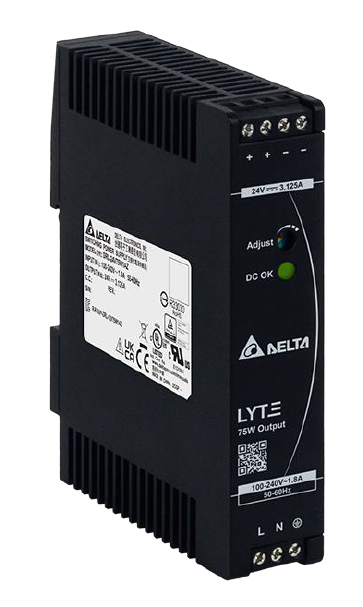 DELTA 24VDC 85-264VAC/ 120-375VDC POWER SUPPLY 3A TERMINAL CONNECTOR 0.9A 2x OUTPUT TERM STRIP OUTPUT DIN RAIL MOUNTED BLACK/SILVER