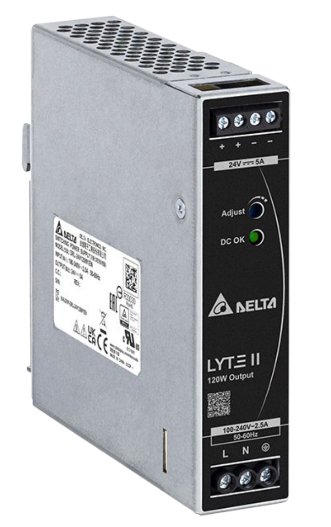 DELTAPOWER 48VDC 90-264VAC POWER SUPPLY 2.5A TERMINAL CONNECTOR 2x OUTPUT TERM STRIP OUTPUT DIN RAIL MOUNTED BLACK/SILVER