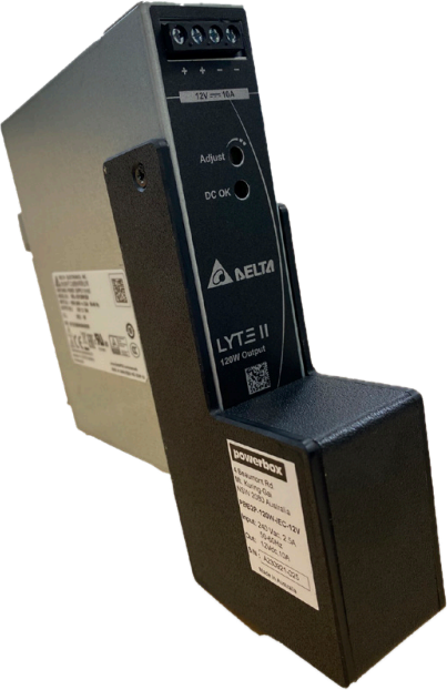 POWERBOX 24VDC 230VAC POWER SUPPLY 5A IEC MAINS PLUG 1.3A 1x OUTPUT TERM STRIP OUTPUT DIN RAIL MOUNTED BLACK/SILVER 2M CABLE