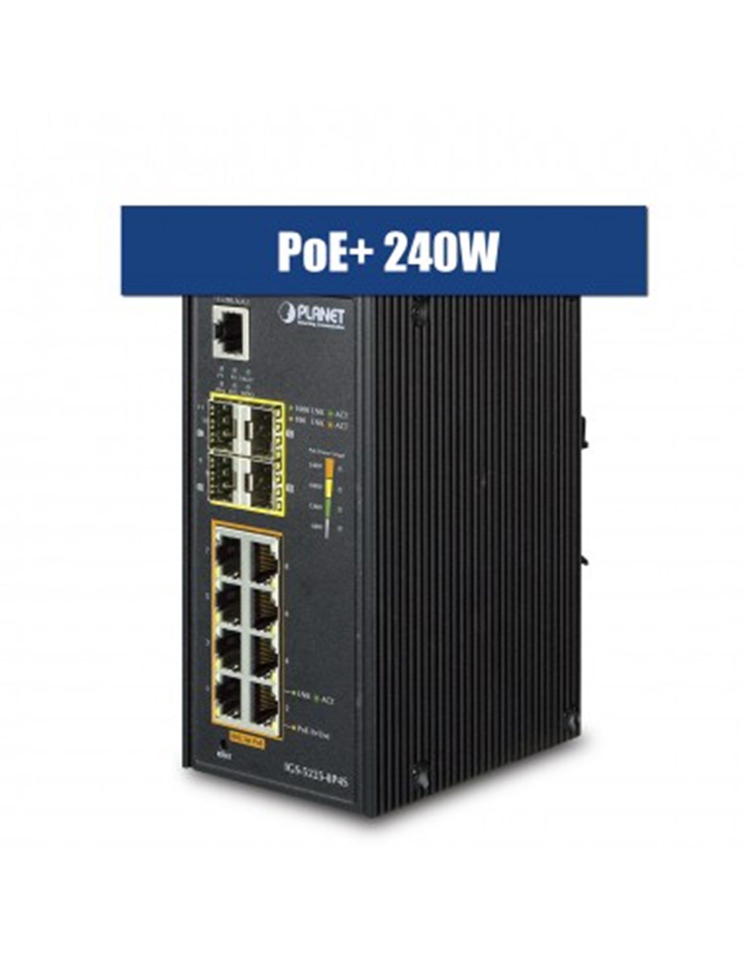 PLANET IGS-5225-8P4S 12PORT GIGABIT SWITCH 8X POE+ 4X 1G SFP 240W L2+ MANAGED DIN RAIL 48-56VDC 152Hx72Wx107D (MM) BLACK