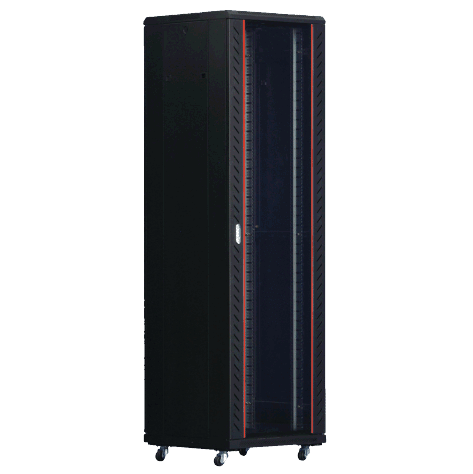 REDBACK 27RU FLOOR STANDING DATA CABINET BLACK  WITH CASTORS & GLASS DOOR 1388Hx600Wx600D (MM)