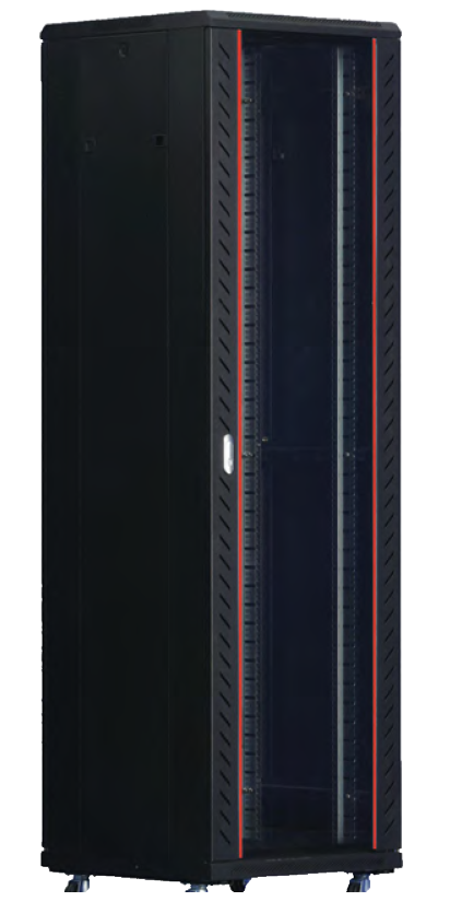 REDBACK 43RU FLOOR STANDING DATA CABINET BLACK, WITH CASTORS & GLASS DOOR