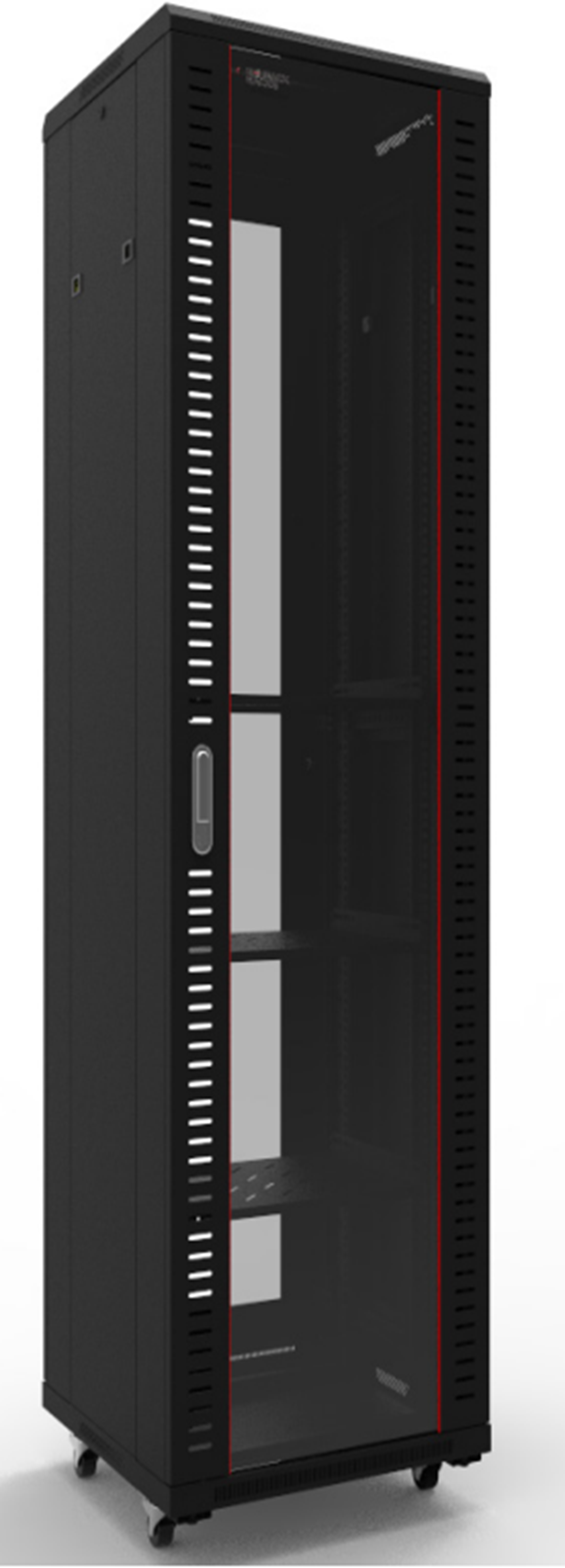 REDBACK RACKS A5.6018 19 INCH FLOOR RACK 18RU TOUGHENED GLASS VENTED REAR DOOR LOCK 800KG 2X SHELVES 20X CAGE NUTS BLACK