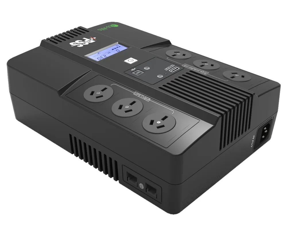 PSS ECO SERIES 800VA UPS FLOOR MOUNTED SINGLE PHASE LINE INTERACTIVE SURGE PROTECTION 3x 3-PIN AU UPS & 3 x 3-PIN AU SURGE 1 x BATTERY 12V/9AH 48VDC 55 MIN BACKUP TIME BLACK 2-6ms 1x USB & RJ45 JACK OP TEMP 0 ~ +40
