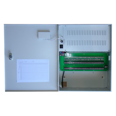 PATRIOT 24VAC 192-264VAC POWER SUPPLY 26A IEC MAINS PLUG 2.5A 32x OUTPUT TERM STRIP OUTPUT WALL MOUNTED BEIGE INCLUDES WALL MOUNTED ENCLOSURE