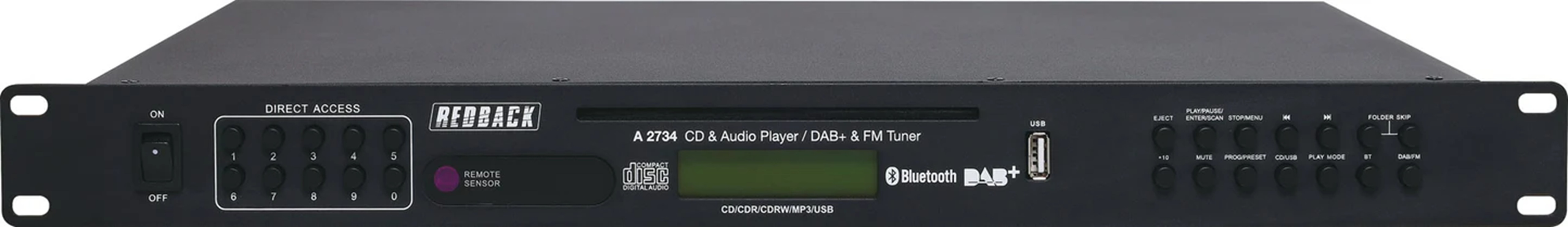 REDBACK A2734 BT 5.0 CD MP3 AUDIO PLAYER DAB+ FM TUNER USB SD XLR RCA 19 INCH 1U RACK