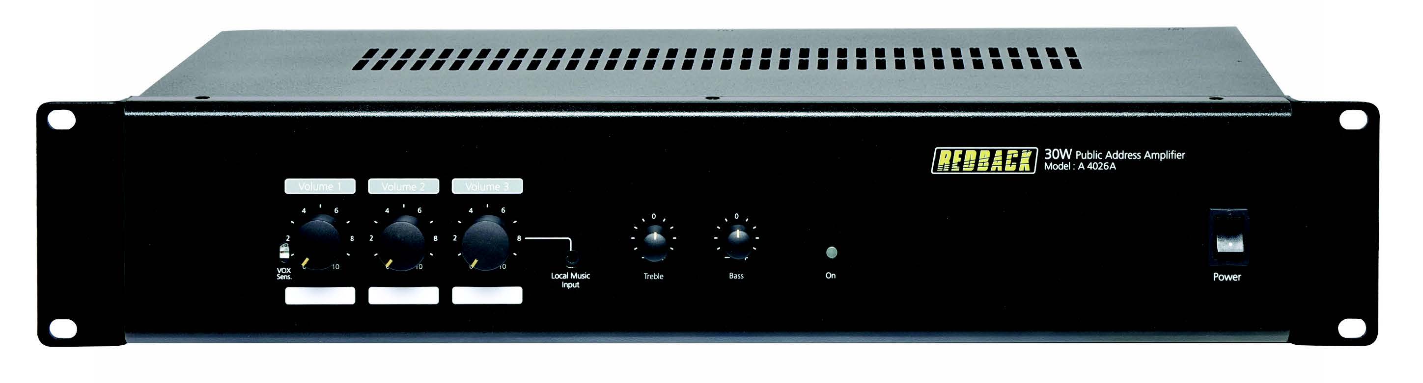 REDBACK A4026A POWER AMPLIFIER 30W 100V 8-16 OHM 3X XLR 3X AUX BLACK